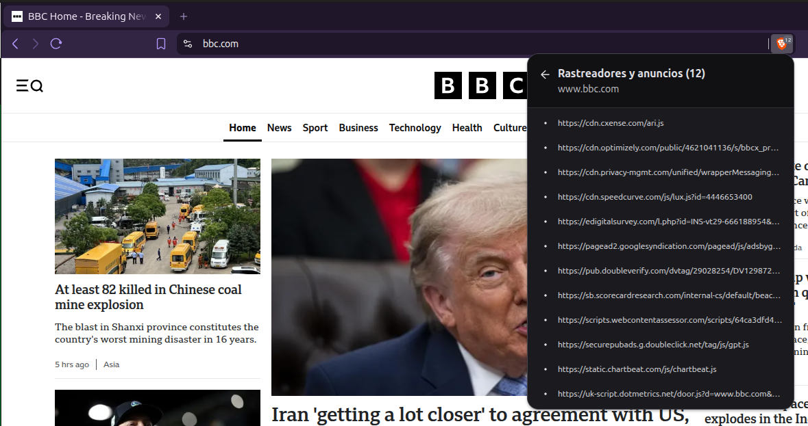 Brave Shields panel on BBC.com showing 12 trackers and ads blocked, including Google Tag Manager and Google Analytics endpoints